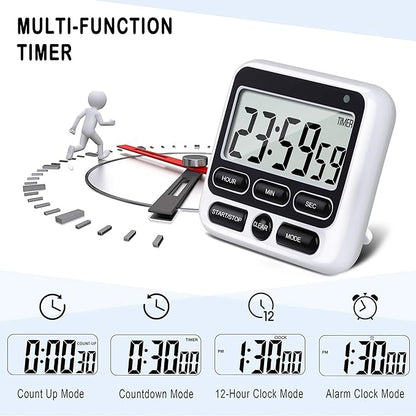 KTKUDY Digital Kitchen Timer with Mute/Loud Alarm Switch ON/Off Switch, 12-Hour Clock & Alarm, Memory Function Count Up & Count Down for Kids Teachers Cooking, Large LCD Display, Strong Magnet (Black)
