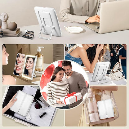 Vanity Mirror with Lights, Lighted Makeup Mirror with 30X/10X/5X Magnification, Rechargeable Trifold Mirror with 3 Color & Adjustable Brightness, Travel Makeup Mirror with Lights for Desk