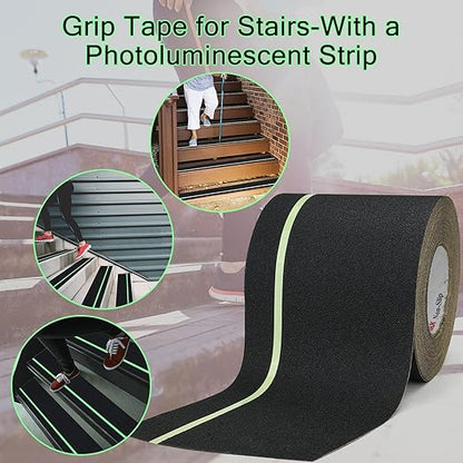 S&X Anti Slip Tape 6 Inch x 60 Ft, 2X Longer Heavy Duty Grip Tape with Glow-in-Dark Strip, Outdoor Stair Treads Non-Slip for Steps, Ramps, Boats, Decks, Non-Skid Safety, Long-Lasting