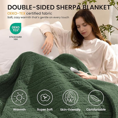 Heated Blanket Electric Blanket Twin - Fast Heating Blanket Throw Double Sided Sherpa Ultra Soft Cozy with 10 Heating Levels & 2-10 Hours Auto Off, Mashine Washable, 62 x 84 Inches, Green