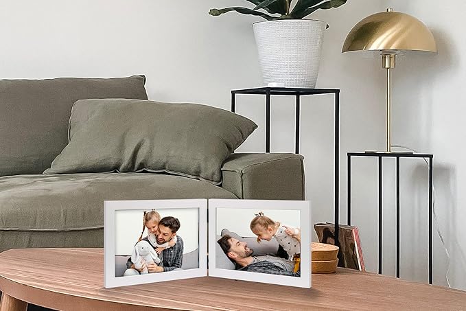 Double 5x7 Horizontal Combo, White Wood Picture Frame, 4.5x6.5 Opening Foldable Landscape View Photo Frame on Table-top or Wall