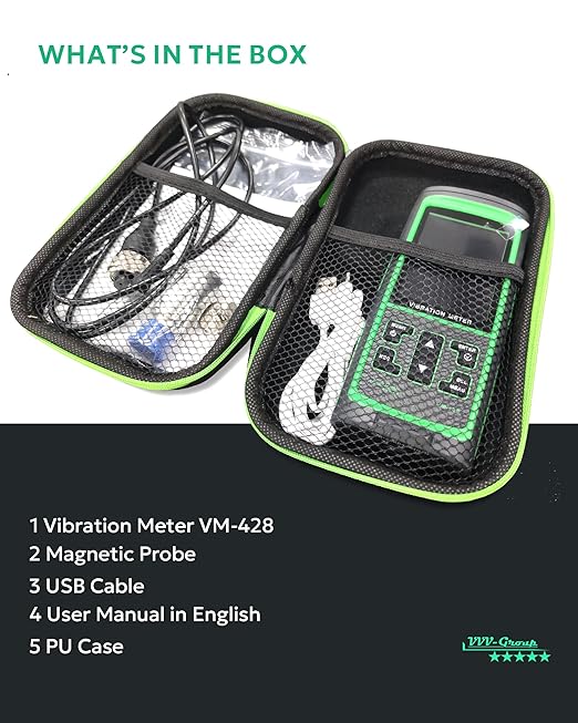 Digital Vibration Meter VM-428 | PC-Connected Analyzer | Measures Acceleration (0.1–300 m/s²), Velocity (1–850 mm/s), Displacement (1–3300 μm), Frequency (30Hz–14kHz) | for Industrial Equipment