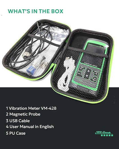 Digital Vibration Meter VM-428 | PC-Connected Analyzer | Measures Acceleration (0.1–300 m/s²), Velocity (1–850 mm/s), Displacement (1–3300 μm), Frequency (30Hz–14kHz) | for Industrial Equipment