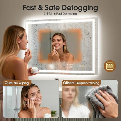 STARLEAD 24"x32" LED-Bathroom-Mirror-with-Lights, Wall-Mounted with Clock, Anti-Fog, 3 Color Temperature, Dimmable Brightness, Waterproof, Tempered Glass, Frontlit & Backlit