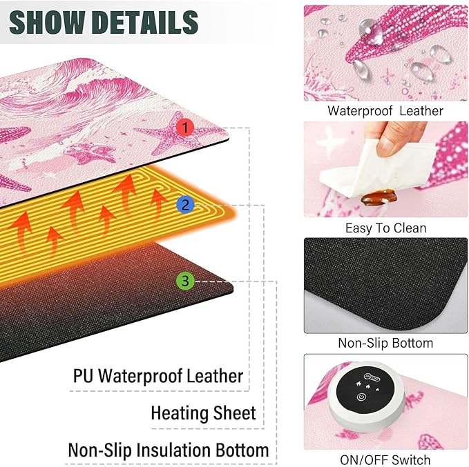 Heated Desk Pad Mouse Pad 31.5x13 Inch PU Leather Desk Mat with 3 Heat Levels Large Mouse Gaming Computer Laptop Mat Bright Pink Starfish Waves Shells