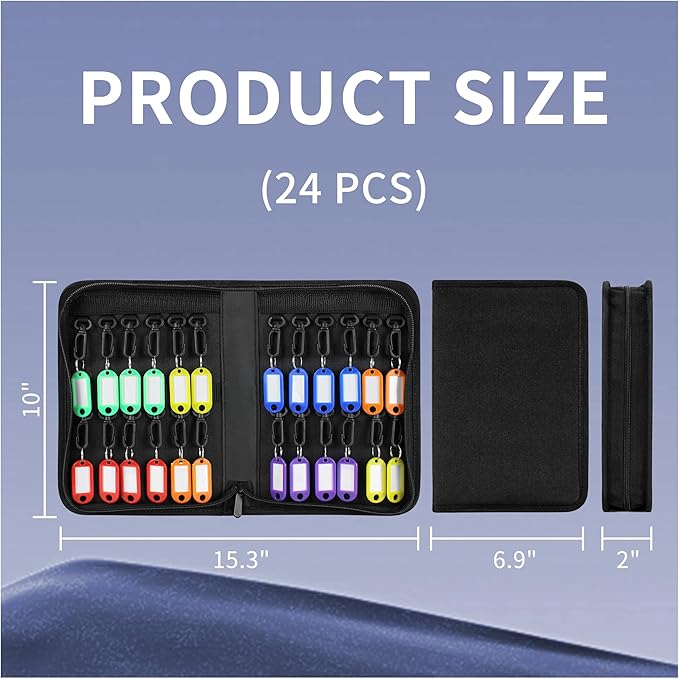 Portable Zippered Key Case,Organizer Waterproof Key Binder with 24 Key Hooks and Tags,Portable Key Storage for Rental Management Real Estate Sales Hotel Executives and Car Service