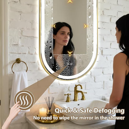 Niccy Oval LED Mirror for Bathroom, 32x20 Front Lit + Backlit Vanity Mirrors with Light Anti-Fog, Shatter-Proof, 3 Colors, Makeup Mirror with Old Gold Frame (Horizontal/Vertical)
