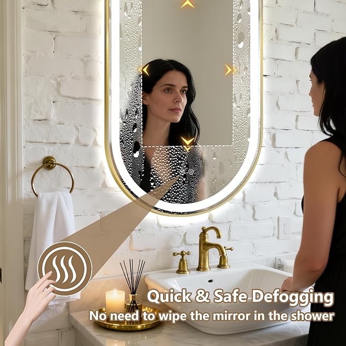 Niccy Oval LED Mirror for Bathroom, 40x24 Front Lit + Backlit Vanity Mirrors with Light Anti-Fog, Shatter-Proof, 3 Colors, Makeup Mirror with Old Gold Frame (Horizontal/Vertical)