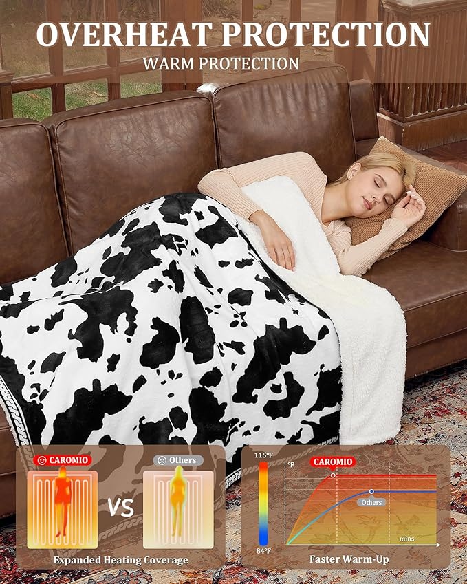 CAROMIO Heated Electric Blanket Twin Size, Cow Print Fast Heating Throw Blankets with LCD Controller, 10 Heat Levels & 1-12H Time Settings Auto Off, ETL Certified, Black White, 62" x 84"