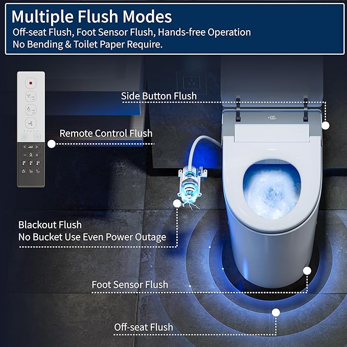 Smart Toilet with Bidet Built in, Toilets with Tank, Auto Open Close, Auto Flush, Foot Sensor, Heated Seat, Warm Water, Foam Dispenser, Elongated Bidets for Modern Bathroom, Remote, Night Light