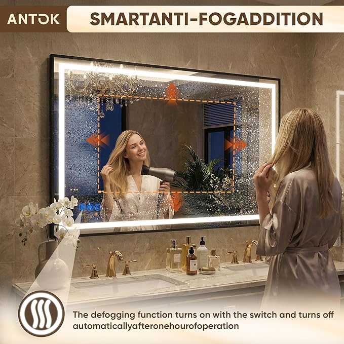 Antok 60X30 LED Bathroom Mirror with Lights, Vanity Mirror for Wall with Black Frame, Touch Control, Anti-Fog, Dimmable Lights, Shatter-Proof, Memory Function, Wall-Mounted Vanity Mirrors