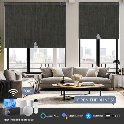 Boolegon Motorized Roller Blinds - 100% Blackout Smart Electric Shades with Remote, Compatible with Alexa/Google Home/HomeKit via Hub, Easy Install for Home Office, Dark Grey, Custom Size.