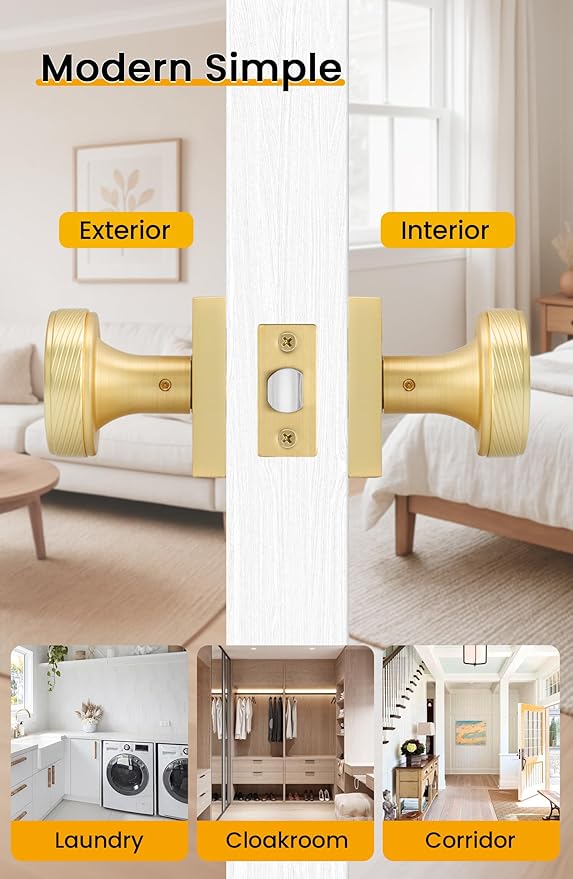 goldenwarm Passage Door Knob Gold, Zinc-Alloy Modern Brushed Gold Closet Door Knob Interior for Hallways, Heavy Duty Square Gold Modern Doorknob - 6 Pack