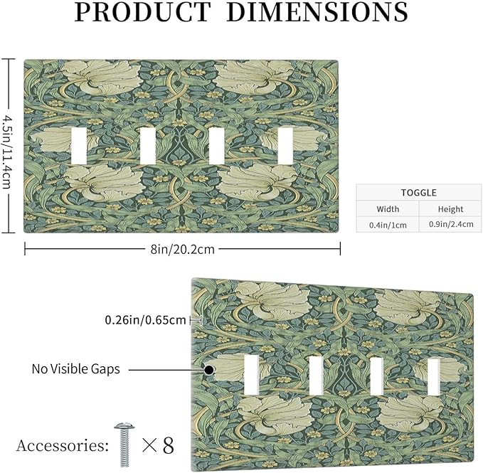Light Switch Covers Vintage Floral Plant Sage Green William Morris Quad Toggle 4 Gang Wall Plate Electrical Faceplate Decorative Switch Plates for Bedroom Home Decor