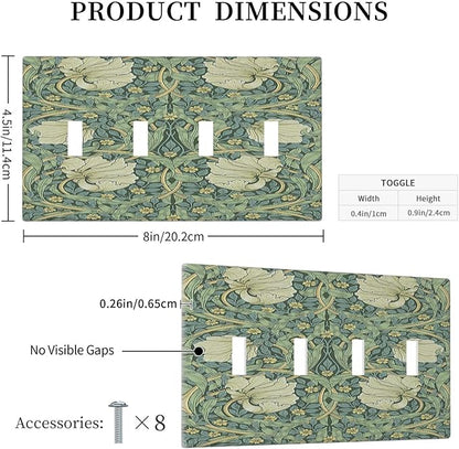 Light Switch Covers Vintage Floral Plant Sage Green William Morris Quad Toggle 4 Gang Wall Plate Electrical Faceplate Decorative Switch Plates for Bedroom Home Decor