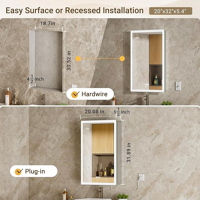 20x32 Medicine Cabinet Mirror with Double Lights & Clock, Front+Backlit Surface or Recessed Fogless Lighted Medicine Cabinet Mirror, 155°Soft-close Right Hinge,Time-Display,Outlet,Inner Light