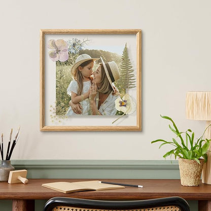 Axeman 12x12 Floating Picture Frame - Solid Oak Wood Square Picture Frame, Double Tempered Glass Photo Frame 3x3 4x4 5x5 6x6 8x8 12''x12'' Wood Frame, Wall Mount Or Tabletop Standing, Natural