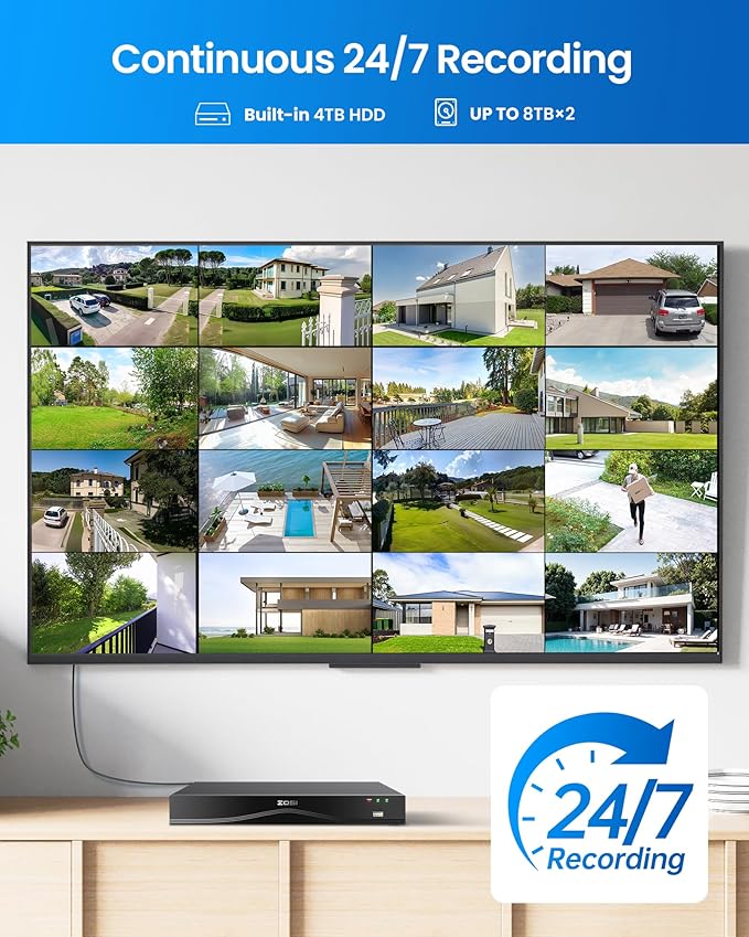 ZOSI 4K 16CH PoE Security Camera System, 8 x 8MP PoE IP Camera Outdoor Indoor with Human Detection, 100ft IR Night Vision, IP66 Weatherproof, 4K 16CH H.265+ NVR with 4TB HDD for 24/7 Audio Recording
