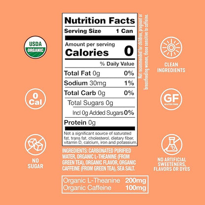 ARDOR ENERGY Sparkling Water with 100mg Natural Caffeine & 200mg L-Theanine from Organic Green Tea for Smooth Energy & Focus | Healthy Energy Drink | No Sugar, Zero Calories, Vegan, Gluten-Free | White Peach (Pack of 12, 12oz cans)
