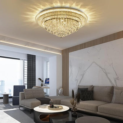 40 inch Flush Mount Crystal Chandeliers with Remote and APP Gold, Modern Elegant LED Crystal Raindrop Ceiling Light Fixture, 3CCT Dimmable, for Living Room Kitchen Island Bedroom Entryway Foyer