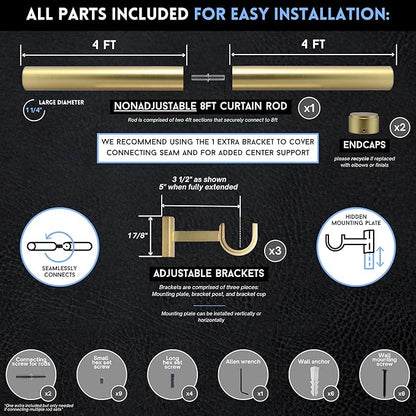 BlastHome® Non-Adjustable Luxury Curtain Rods for Windows, 1 ¼” Rod Set, 8 foot Fixed Length (Two Rods Connect for a Seamless Look), Brushed Gold
