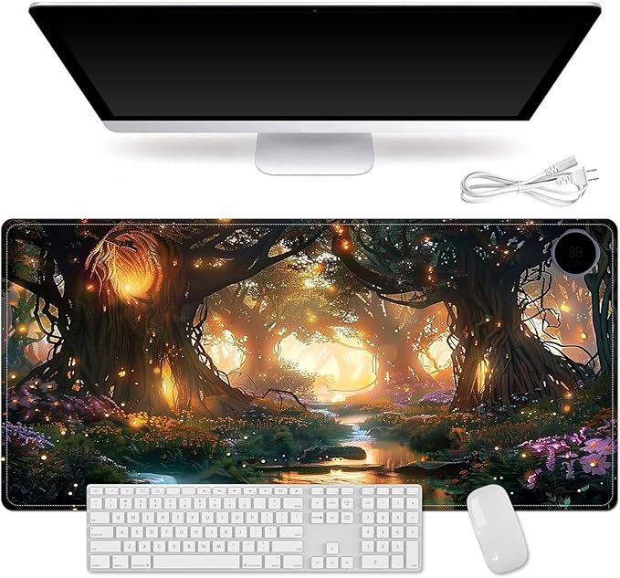Heated Mouse Pad for Desk 31.5" x 13" – PU Leather Warm Desk Pad with 3 Heat Levels (104°F/113°F/122°F), Plug-in Electric Heating Mat with Auto Shut-Off, Waterproof & Rollable, Glowing Forest