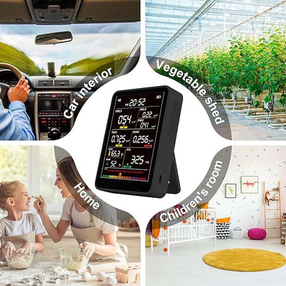 Professional Indoor Air Quality Monitor with AQI Alarms, Portable Real-Time Detector for Home Cars Plants and Pets (Glossy Black)