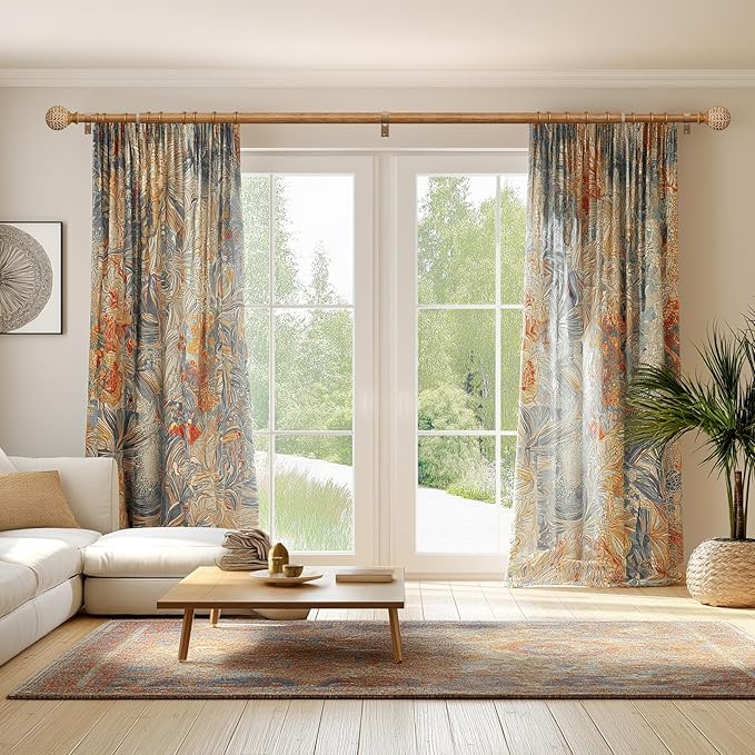 Imitation Wood Grain Ball Curtain Rods for Windows 48 to 84 Inch,1 Inch Heavy Duty Adjustable Wood Curtain Rod,Boho Decorative Drapery Rods Set with Brackets,Size:18''-88''