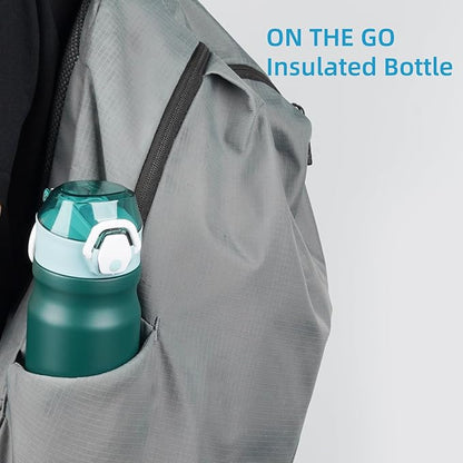 Insulated Water Bottle with Straw and Carry Loop,18 oz Stainless Steel Double Wall Vaccum Metal Water Flask with Leak-proof Lid,Dark Green