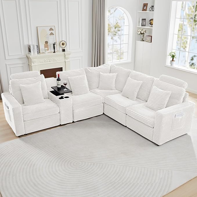 LEVNARY 5-Seat L Shaped Modular Sectional Sofa with Power Recliners, Faux Rabbit Fur Upholstery, Storage Console with Charging Ports & Cup Holders, Living Room Couch Set for Home Office (White)