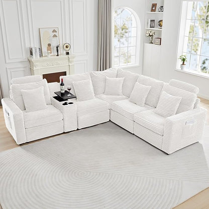 LEVNARY 5-Seat L Shaped Modular Sectional Sofa with Power Recliners, Faux Rabbit Fur Upholstery, Storage Console with Charging Ports & Cup Holders, Living Room Couch Set for Home Office (White)