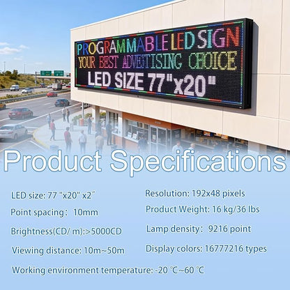 P10(77"*20") Outdoor Open Programmable Scrolling Led Sign Custom Wifi Led Signs For Wall Digital Signage Message Board Business Signs Board For Outside Advertising Sign Screen Panel