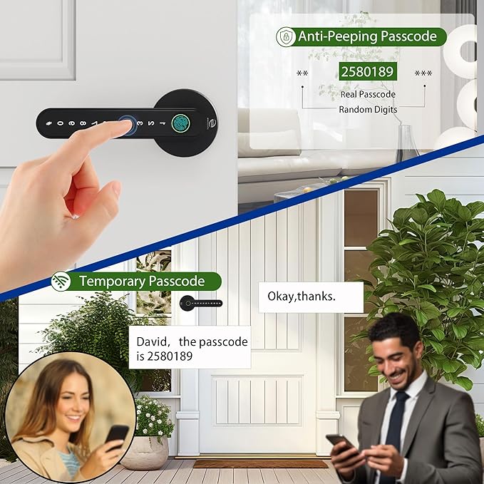 Smart Electronic Fingerprint Door Lock, Keyless Entry with Handle, Codes, APP, IC Cards, Fingerprints, Keys, for Home Bedroom Apartment (Black)