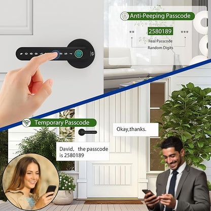 Smart Electronic Fingerprint Door Lock, Keyless Entry with Handle, Codes, APP, IC Cards, Fingerprints, Keys, for Home Bedroom Apartment (Black)