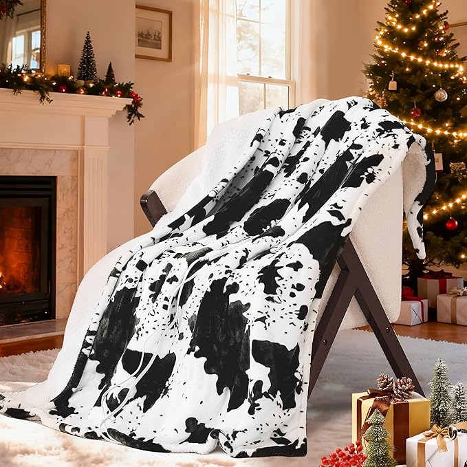Black Cow Print Heated Throw Blanket 50"x60", Electric Blanket with 6 Heat Settings & 1-12H Timer, Cozy Soft Flannel Sherpa, Machine Washable, Warm Gift for Women
