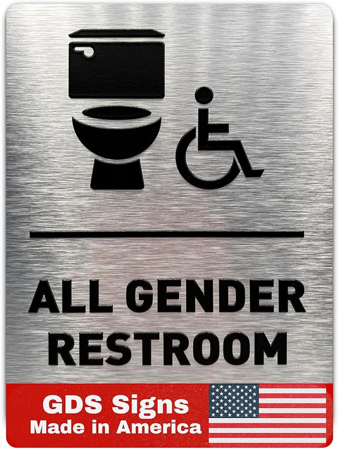 All Gender Bathroom Sign by GDS - ADA Compliant, Wheelchair Accessible, Raised Icons, & Grade 2 Braille - Includes Adhesive Strips for Easy Installation - All Gender Restroom Sign for Business, Bathroom Signs for Business, Restroom Signs - 6" W x 8" H ...