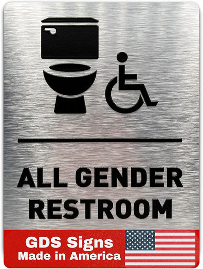 All Gender Bathroom Sign by GDS - ADA Compliant, Wheelchair Accessible, Raised Icons, & Grade 2 Braille - Includes Adhesive Strips for Easy Installation - All Gender Restroom Sign for Business, Bathroom Signs for Business, Restroom Signs - 6" W x 8" H ...