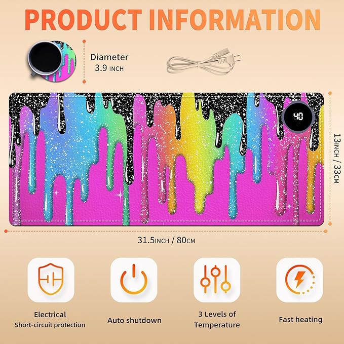 Heated Mouse Pad, Warm Desk Pad, Keyboard Mat 31.5 x 13 Inch Large Size Intelligent Fast Heating, 3 Speed Adjustable, Timed Auto Power Off for Game Office Home,Rainbow Ice Crea