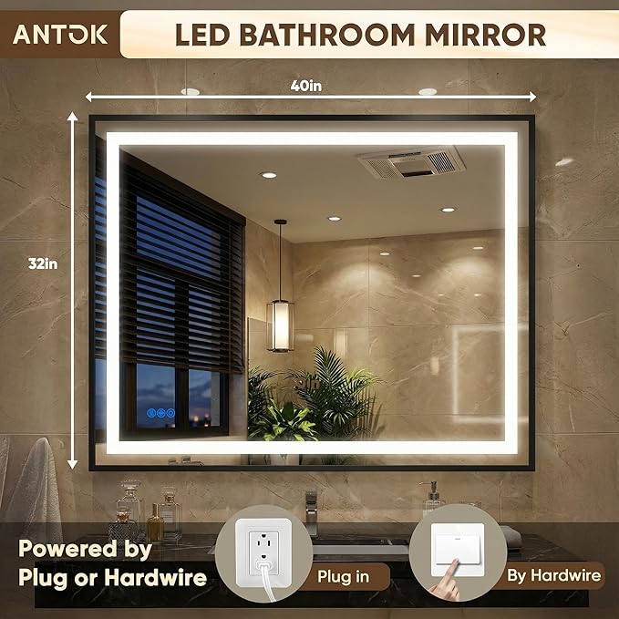Antok 40X32 LED Bathroom Mirror with Lights, Vanity Mirror for Wall with Black Frame, Touch Control, Anti-Fog, Dimmable Lights, Shatter-Proof, Memory Function, Wall-Mounted Vanity Mirrors