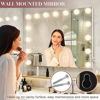 ROLOVE 32"x24" Hollywood Vanity Mirror with Lights, 18 Dimmable LED Bulbs, 3 Color Modes, 10X Magnification, USB Charging Port, Tabletop or Wall-Mounted