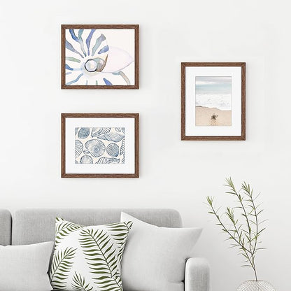 Fun Memories 8x10 Oak Wood Picture Frame Set of 3, 10 x 8 Frame Wood for Wall & Tabletop, Display 5x7 with Mat or 8 x 10 without Mat, 8x10 Natural Wood Photo Frames with Real Glass, Walnut Color