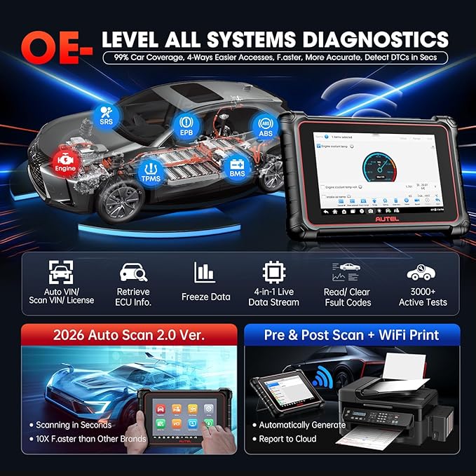 Autel Scanner MaxiCOM MK900BT, 2026 MK900-BT Bidirectional Diagnostic Scan Tool, 2.0 BT Ver. of MK900 MX900, 8in Up of MK808S MK808BT PRO MX808S MK808Z, 40+ Reset, 3K+ Active Tests, CAN FD & DoIP, FCA