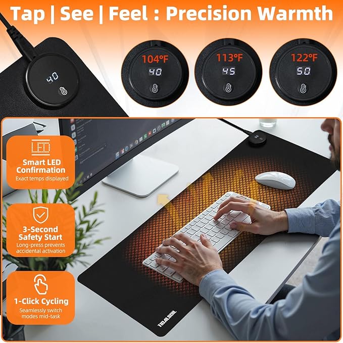 Heated Desk Pad, 31.5"×13" PU Leather Mouse Mat with Digital Temp Display, 3-Level 122℉ Warmth, 4H Auto Shut-Off, Waterproof Non-Slip Office & Home Heating Mat