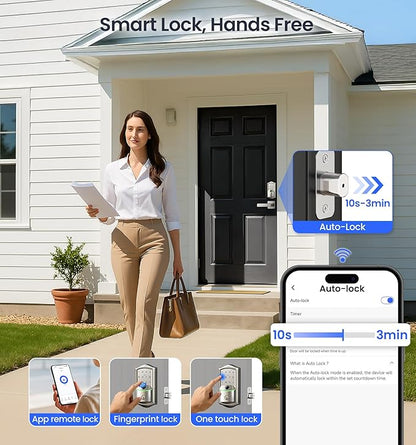 Veise VE027-L Built-in WiFi Smart Door Lock with Lever Handle Set, Fingerprint keyless Entry Door Lock, App Remote Control, Electronic Digital Keypad Deadbolt for Front Door, Auto Lock, Satin Nickel