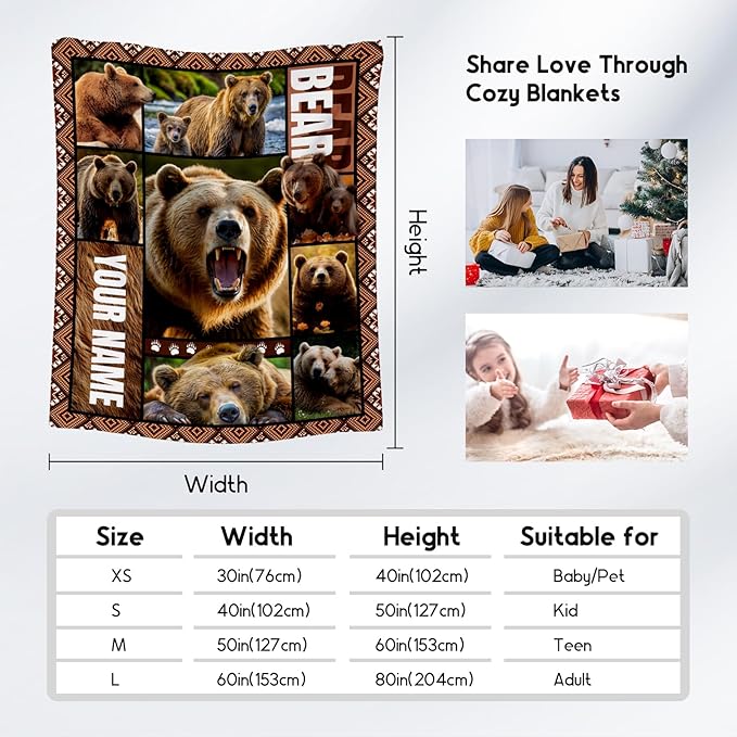 Personalized Blankets for Dad, Custom Bear Blanket Gifts for Men Boys Adults, 40"x50" Forest Animal Throw Gift for Hunters - Soft, Fuzzy & Cozy Flannel Throws Wildlife Country Decor