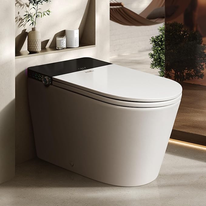 Smart Toilet with Automatic Opening Lid, Microwave & Foot Sensor, Bidet Wash & Air Dryer, Self-Cleaning Nozzle, LED Display, Quiet Dual Pump