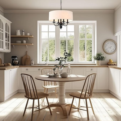 Drum Chandelier, 4-Lights Pendant Ceiling Hanging Light Fixture with Beige Shade, for Dining Room Living Room Bedroom Kitchen Island(17.75")