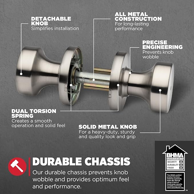 Kwikset Pismo Interior Privacy Door Knob with Lock, Door Handle For Bathroom and Bedroom, Satin Nickel Keyless Turn Lock Doorknob, with Microban Protection