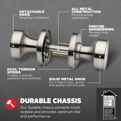 Kwikset Pismo Interior Privacy Door Knob with Lock, Door Handle For Bathroom and Bedroom, Satin Nickel Keyless Turn Lock Doorknob, with Microban Protection