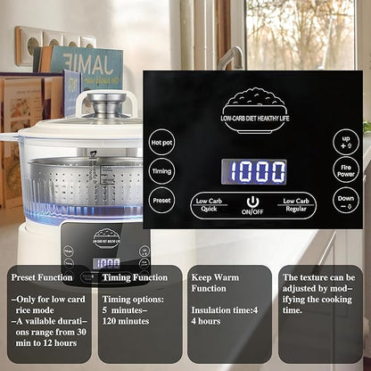 Low Carb Rice Cooker,5L Multifunction Smart Rice Cooker - 4H Keep Warm,Digital Display,Timer & Reservation Function,Suitable for Cooking,Simmering,Stewing,and Steaming(5L,Beige)